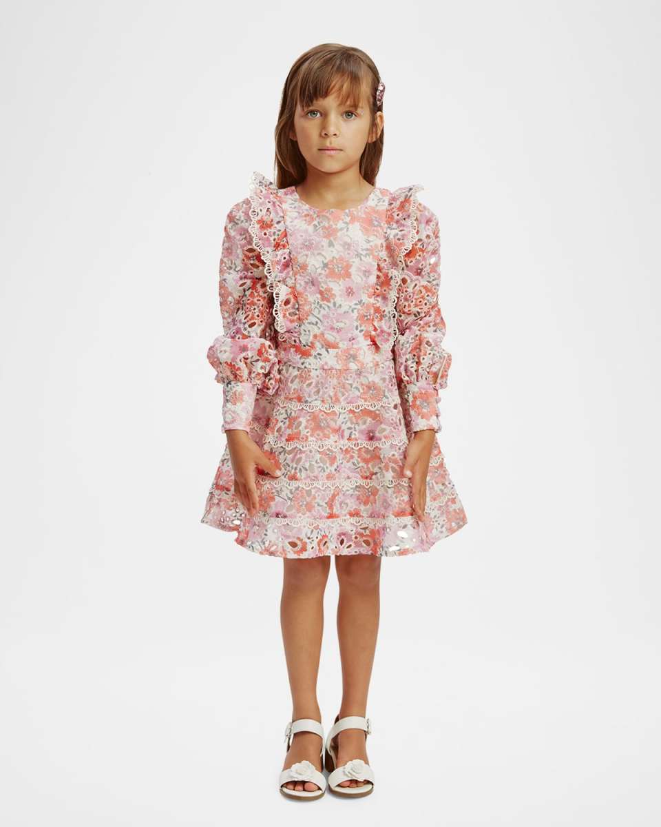 Girl's Odette Floral-Print Embroidered Dress, Size 7-14